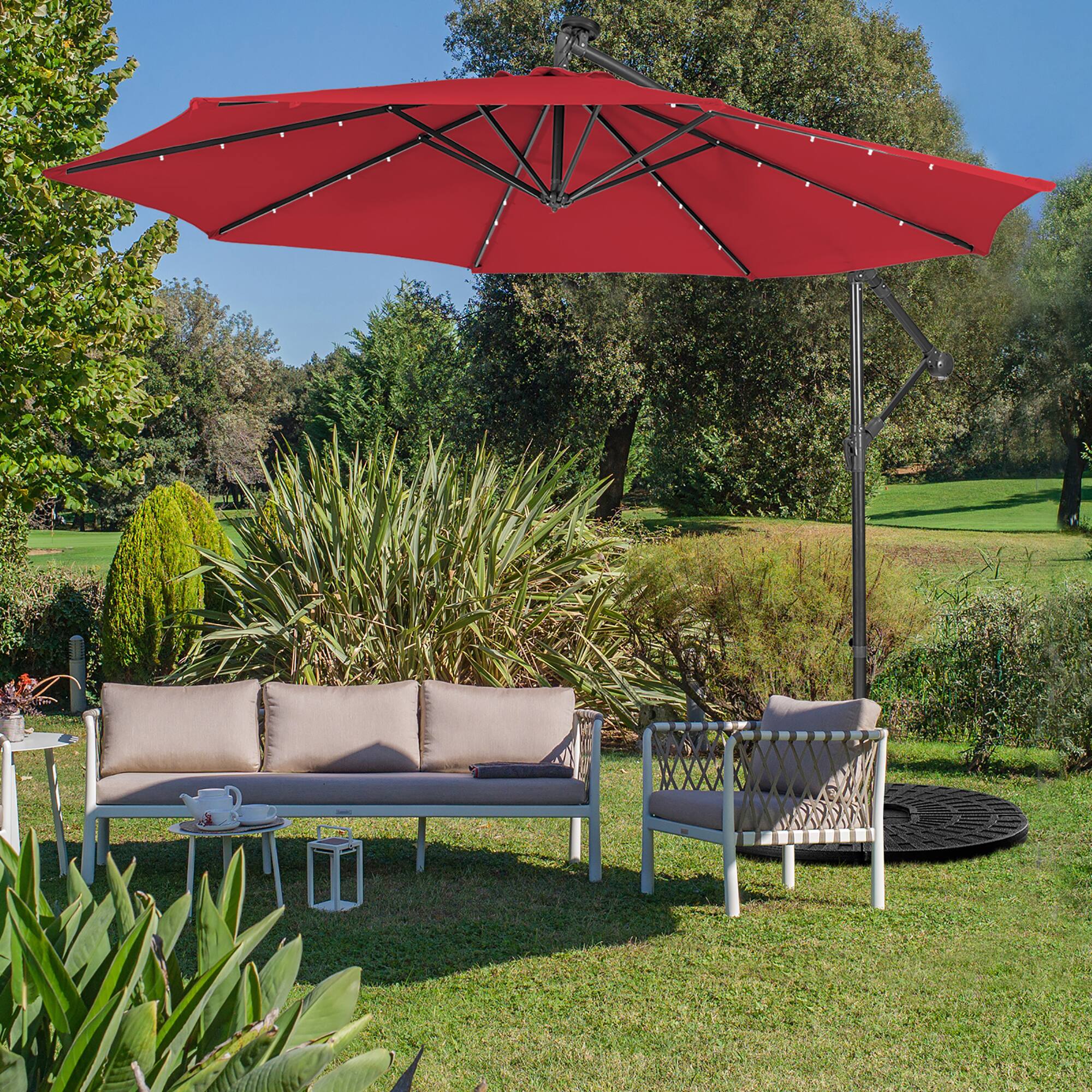 Alt View 3. Costway - 10FT Cantilever Solar Powered 32LED Lighted Patio Offset Umbrella Outdoor - Wine.