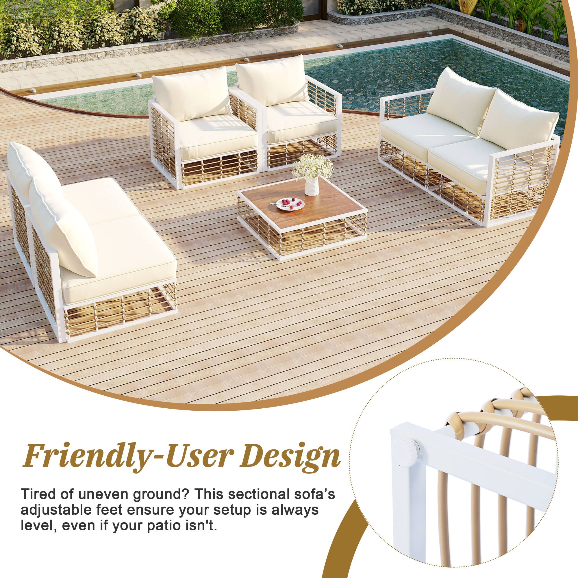 Friendly-User Design

Tired of uneven ground? This sectional sofa's adjustable feet ensure your setup is always level, even if your patio isn't.