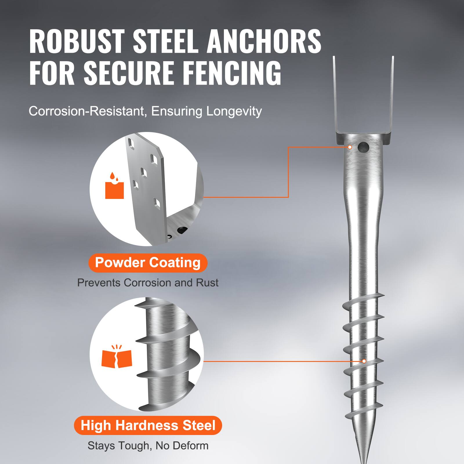 ROBUST STEEL ANCHORS FOR SECURE FENCING

Corrosion-Resistant, Ensuring Longevity

Powder Coating
Prevents Corrosion and Rust

High Hardness Steel
Stays Tough, No Deform