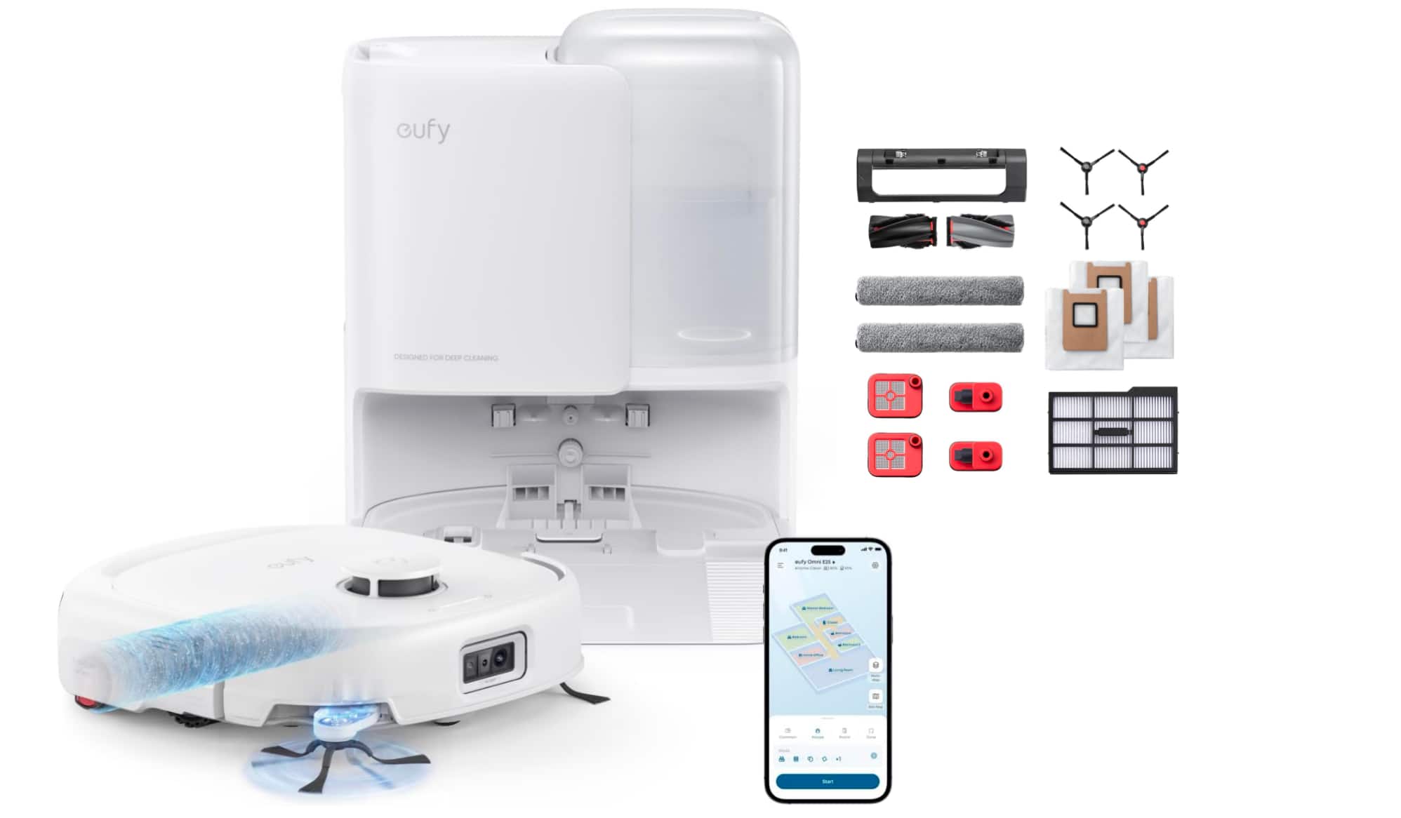 eufy - All-in-One Robot Vacuum and Mop Combo E25 with Official Replacement Parts Kit,20,000 Pa Turbo Suction - White