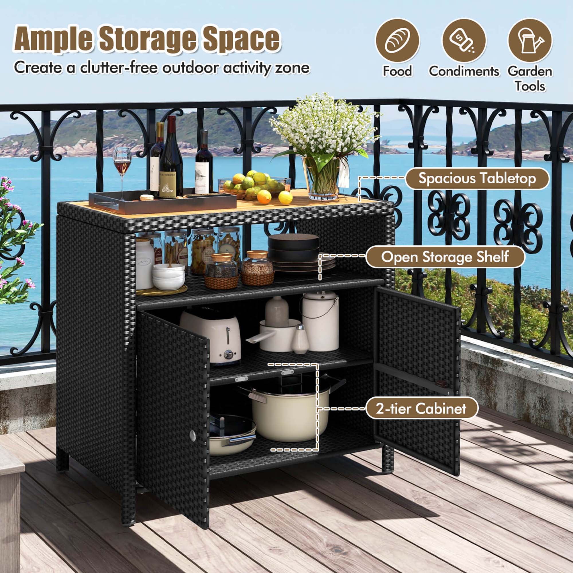 Ample Storage Space: Create a clutter-free outdoor activity zone. Food Condiments, Garden Tools, Spacious Tabletop. 33" 3-tier Cabinet. Open Storage Shelf.