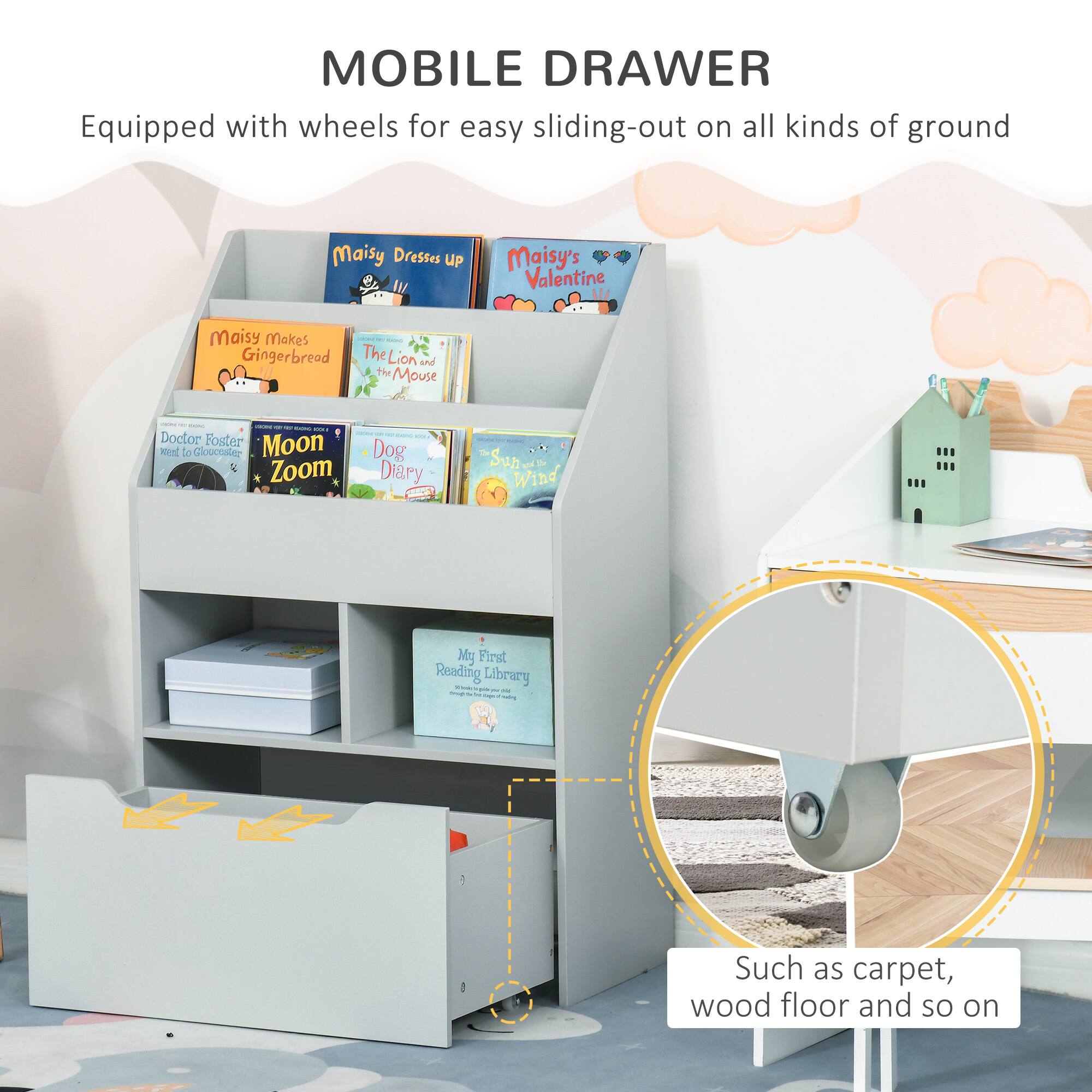 MOBILE DRAWER  
Equipped with wheels for easy sliding-out on all kinds of ground  

Maisy Dresses Up  
Maisy's Valentine  
Maisy Makes Gingerbread  
The Lion and the Mouse  
Doctor Foster wants to go to Gloucester  
Moon Zoom  
Dog Diary  
My First Reading Library  

Such as carpet, wood floor and so on