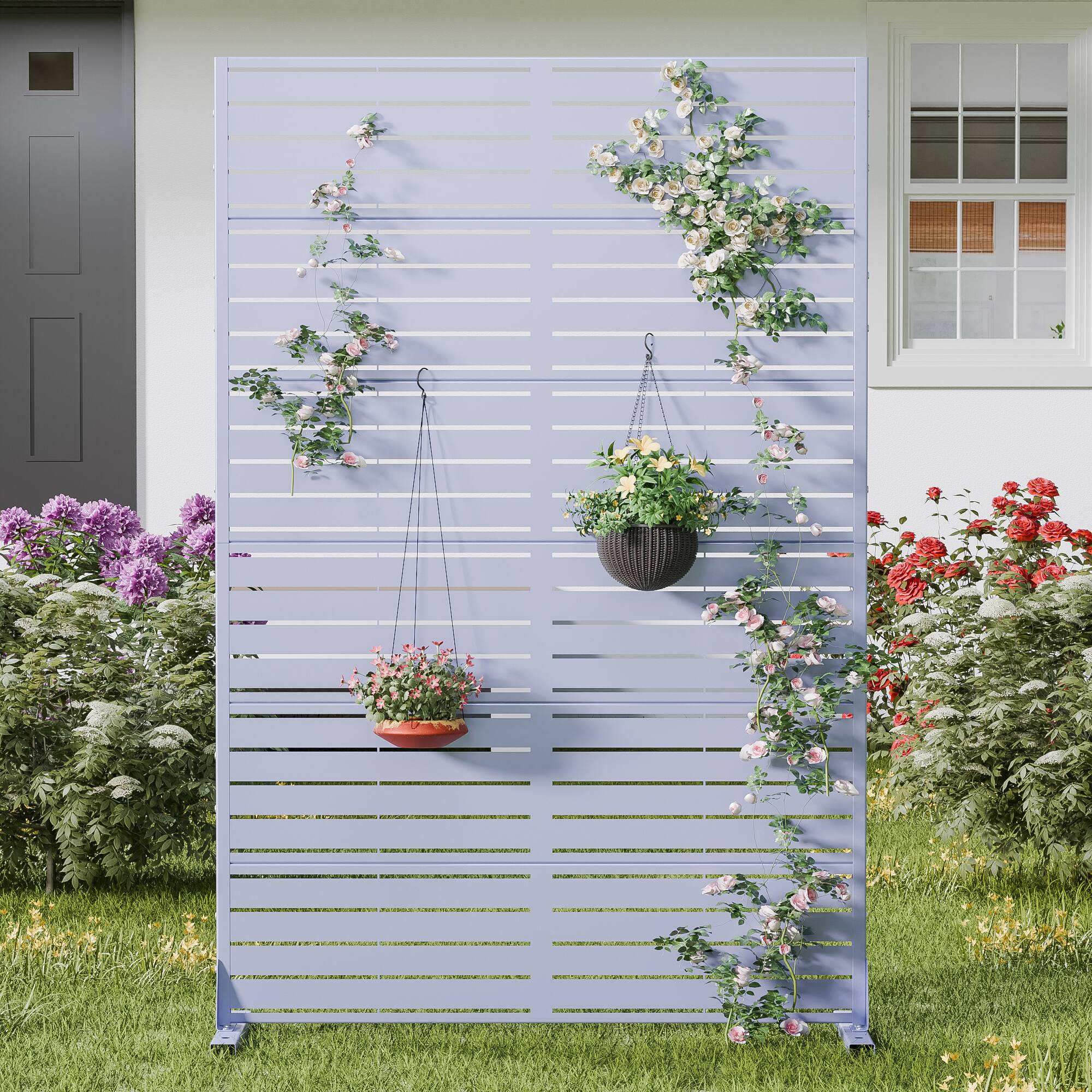 Alt View 1. PexFix - 72 in. x 47 in. Louvered Pattern Metal Outdoor Privacy Screen & Panels, Freestanding Garden Divider Fence - Lavender Purple.