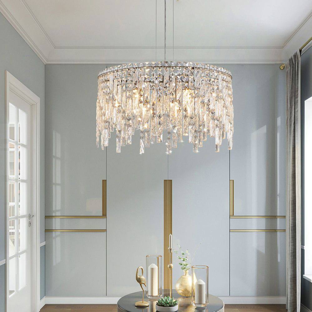 Alt View 1. Kadyn - 24" Luxurious Round Silver Crystal Chandelier, Contemporary Rectangular Pendant Light for Dining Room, Chrome - Silver.