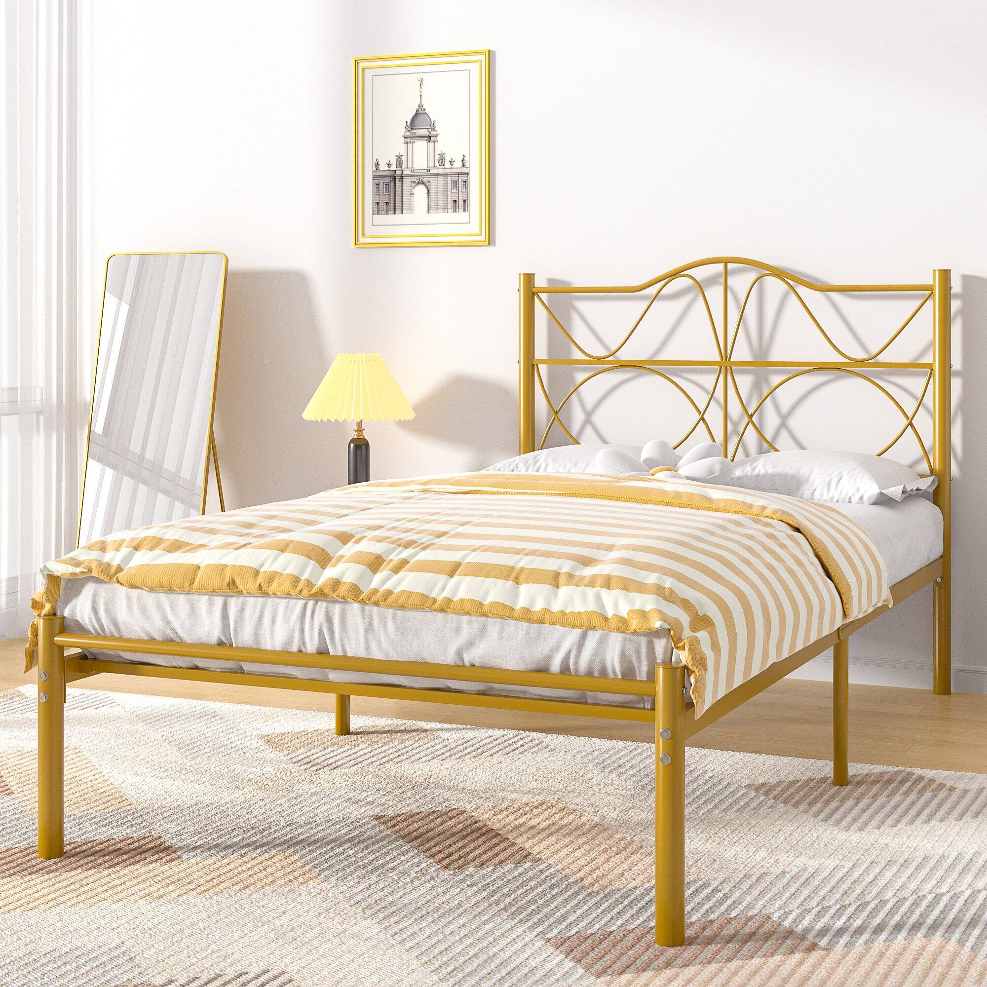 Angle. Vecelo - Twin Size Metal Platform Bed Frame,Sturdy Slats Support Mattress Foundation, No Box Spring Needed,Gold - Gold.