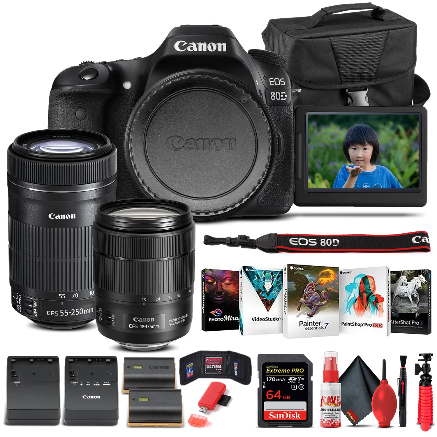 Canon - EOS 80D Camera W/ 18-135mm Lens and EF-S 55-250mm Lens  - Basic Bundle