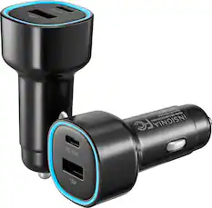 The image shows a black and blue device with a USB port and a plug. The device is a charger for a smartphone, and it is designed by Insignia. The charger is compatible with a variety of smartphones, including those with USB ports. The charger is available in a two-pack, making it a convenient option for users who need to charge multiple devices at once.