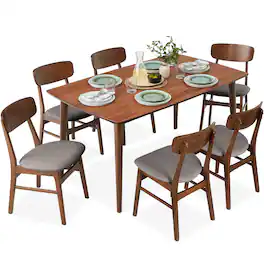 Best Choice Products - 7-Piece Mid-Century Modern Upholstered Dining Set, Wooden Table w/ 6 Chairs - Walnut/Gray