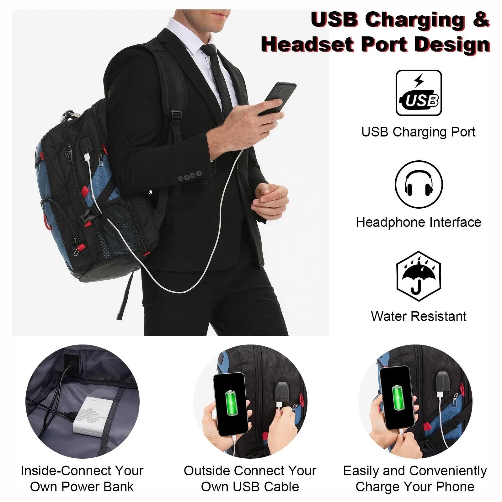USB Charging & Headset Port Design: USB Charging Port Headphone Interface Water Resistant Inside-Connect Your Own Power Bank Outside-Connect Your Own USB Cable Easily and Conveniently Charge Your Phone