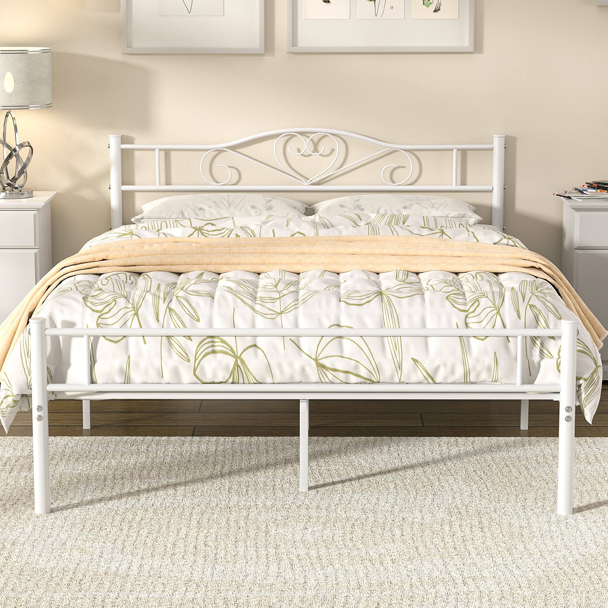 Vecelo - 14" Full Metal Bed Frame with Headboard&Footboard, Heavy Duty Steel Slats, No Box Spring, -Easy Assembly - White