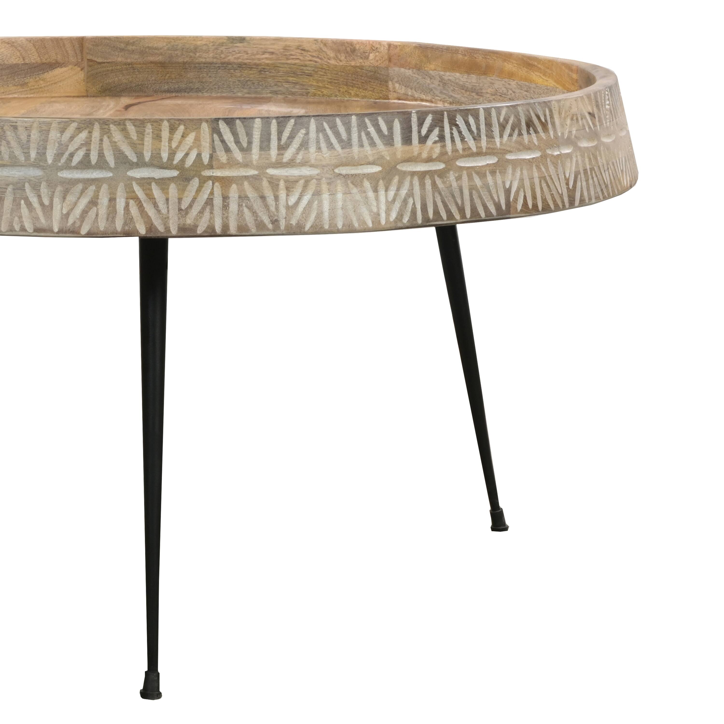 Alt View 2. Manhattan Lane - Gia 29 Inch Modern Handcrafted Round Coffee Table, Natural Brown Wood Top with Carved Edge, Black Iron Legs - Brown, Black, White.