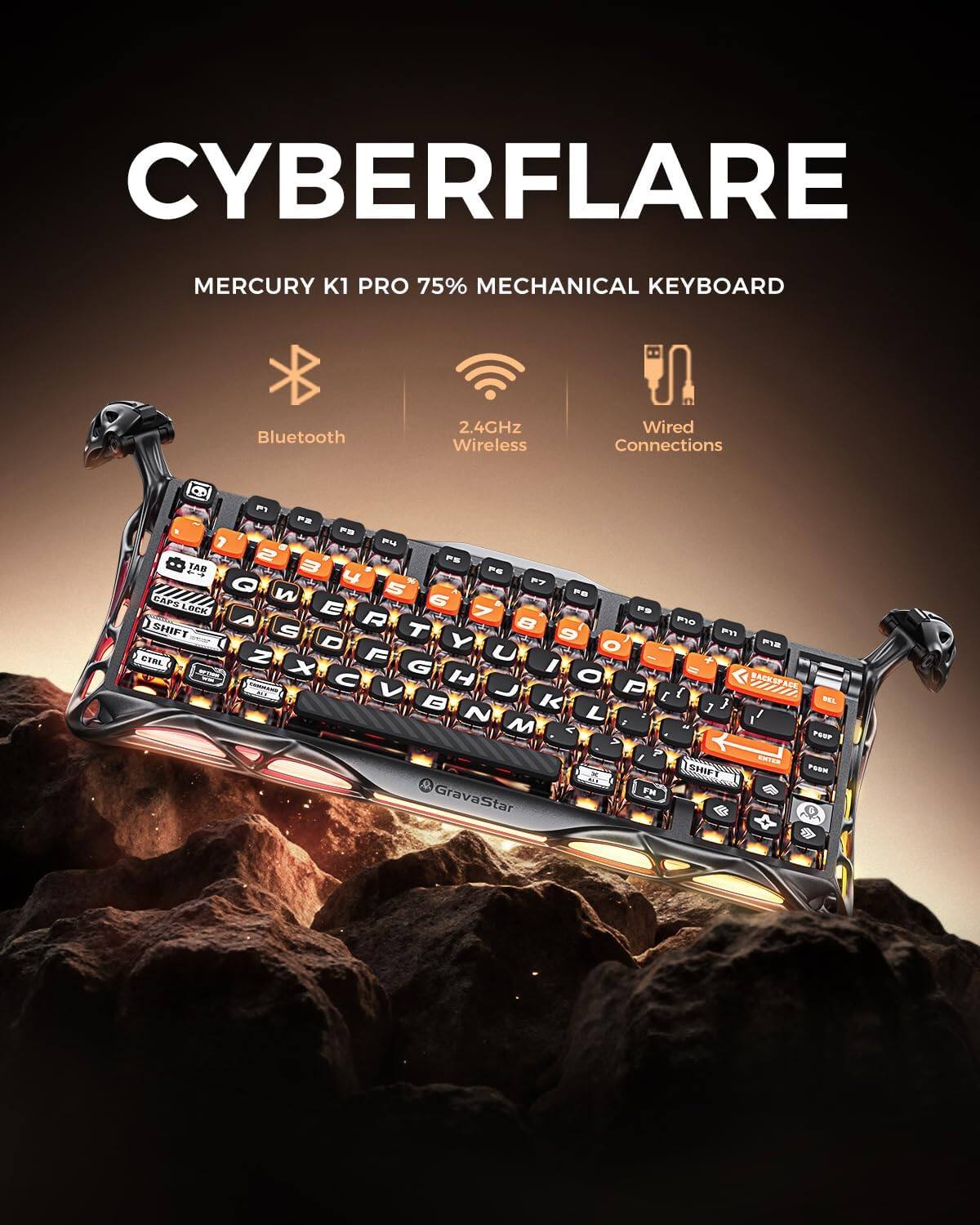 CYBERFLARE MERCURY K1 PRO 75% MECHANICAL KEYBOARD  
Bluetooth 2.4GHz Wireless Wired Connections