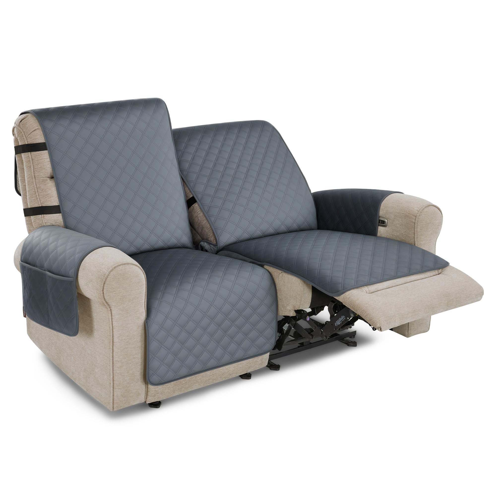 Front. Fabibe - Waterproof Recliner Chair Cover, Velvet Non Slip Recliner Cover with Pockets, Washable Design - Dark Grey 2 Seat.