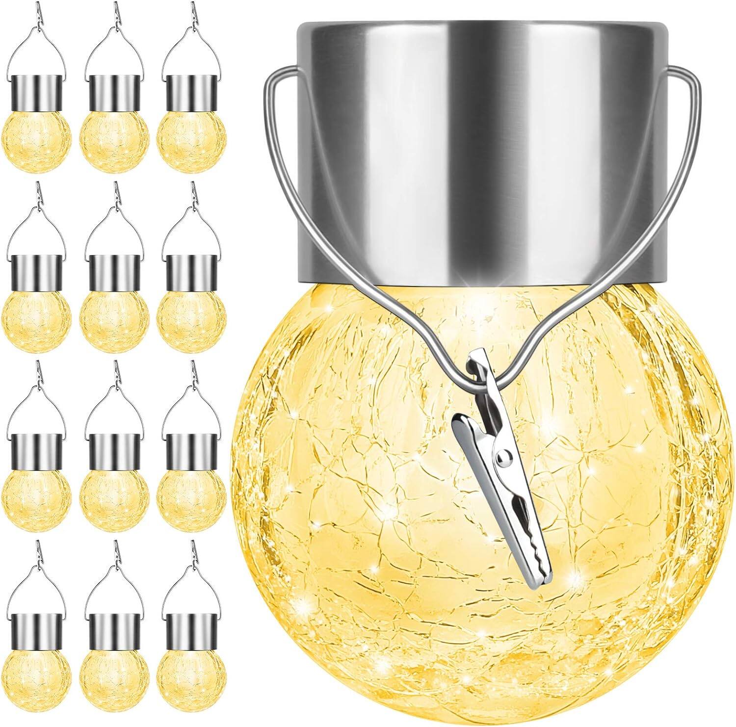 Nordic Hygge - 12-Pack Hanging Outdoor Solar Lights – Decorative Cracked Glass LED Globe Ball Lights with Handle - Silver