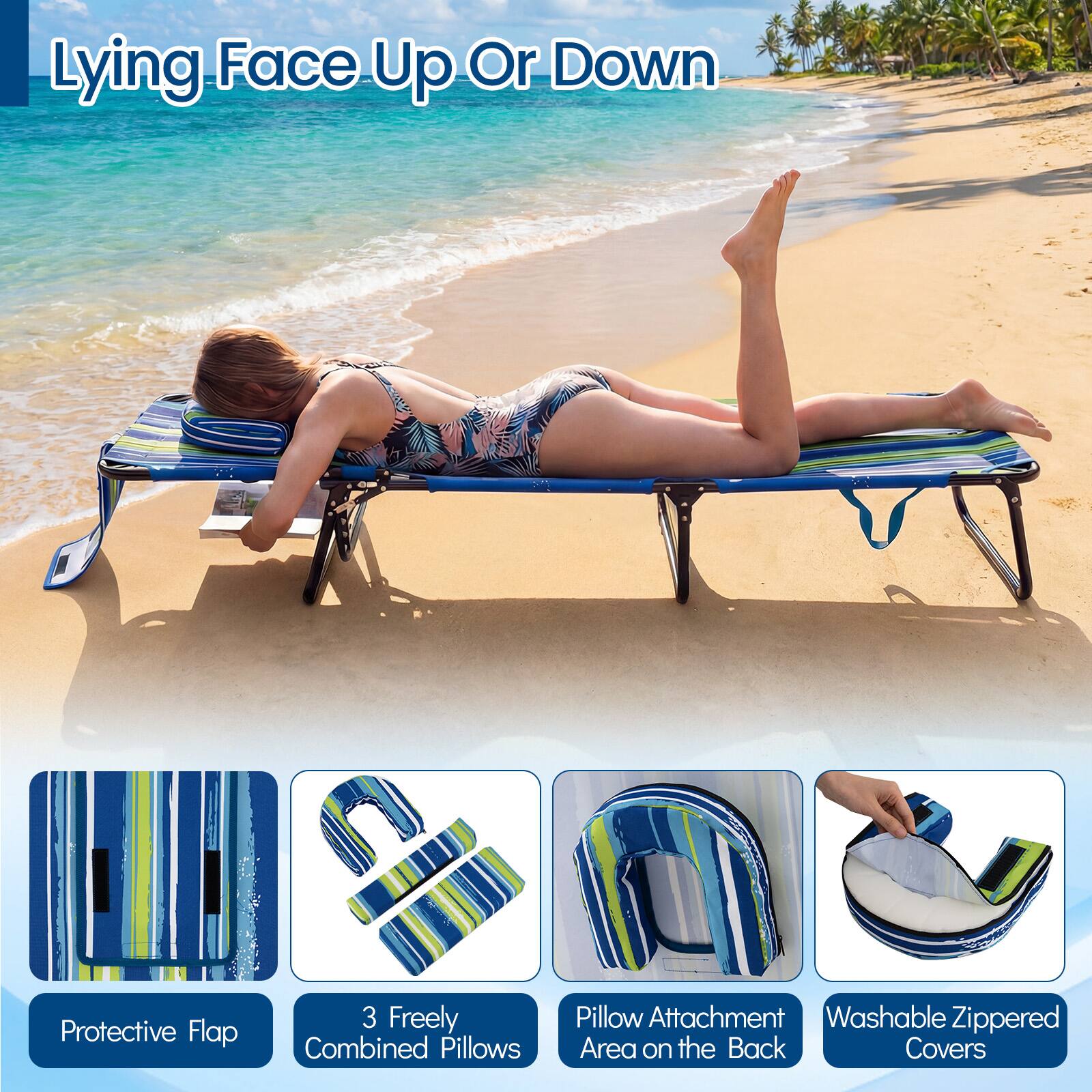 Lying Face Up Or Down

- Protective Flap
- 3 Freely Combined Pillows
- Pillow Attachment Area on the Back
- Washable Zippered Covers