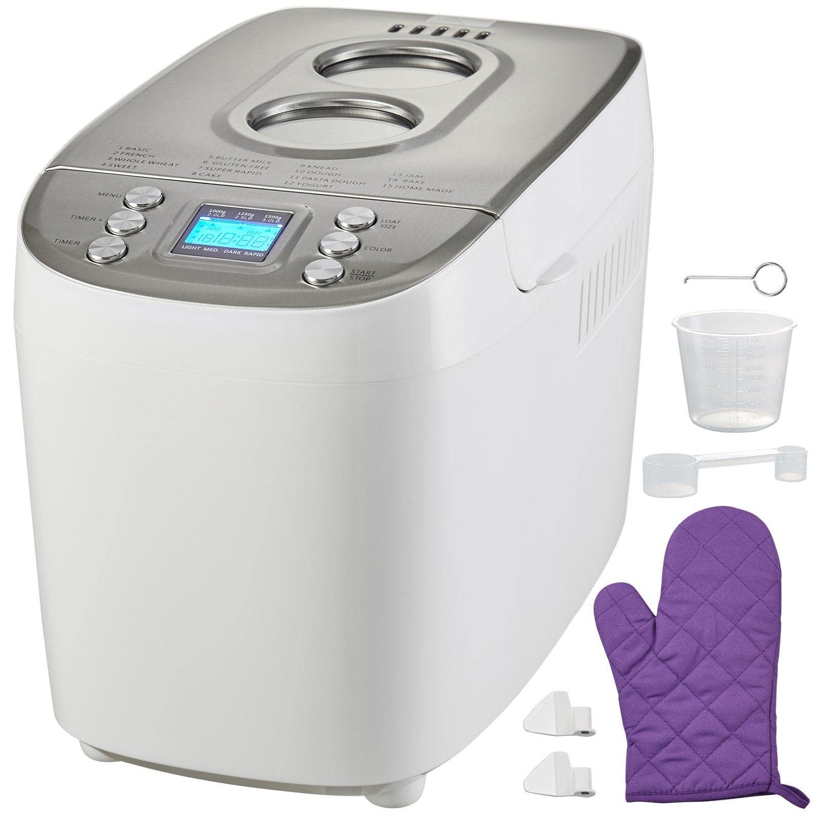 Glintex - Bread Maker, 15-in-1 Programmable Dough Machine with Gluten Free, Whole Wheat Setting, Nonstick Ceramic Pan - White