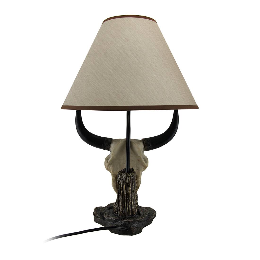 Alt View 2. Zeckos - Cattle Ranch Decorative Steer Skull Table Lamp with Beige Fabric Shade - Beige.