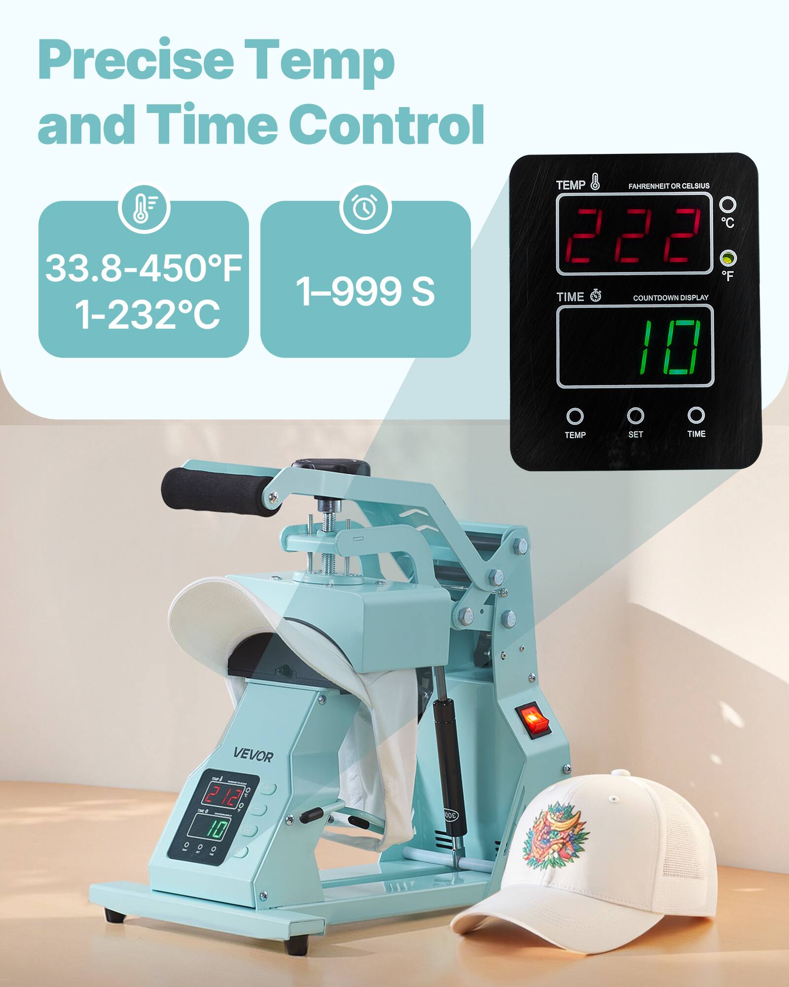 Precise Temp and Time Control

33.8-450°F 1-232°C

1-999 S

TEMP FAHRENHEIT OR CELSIUS

TIME COUNTDOWN DISPLAY

VEVOR