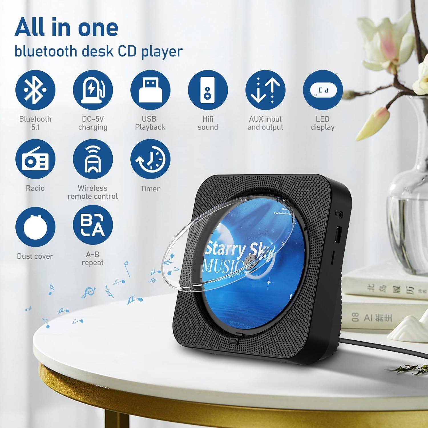 All in one bluetooth desk CD player

- Bluetooth 5.1
- DC-5V charging
- USB Playback
- Hifi sound
- AUX input and output
- LED display
- Radio
- Wireless remote control
- Timer
- Dust cover
- A-B repeat

Starry Sky MUSIC