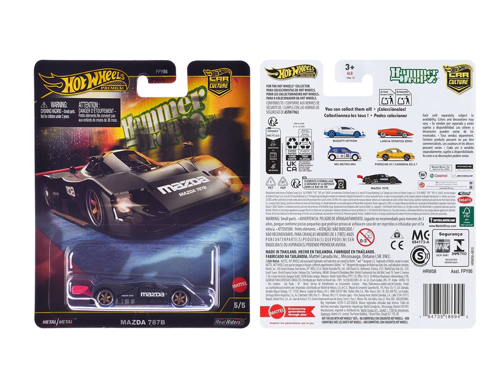 FPY86 HOLWHEELS CAR CULTURE PREMIUM  
A WARNING: ATTENTION: H00NG HAZARO Snal DANGER D'ETOUFFEMENT Rtr thides uds ya Petts entants dements mons convent mos.  
Hammer MAZDA MAZDA 7878 3+ HOWWHEEL HYpe CAR CULTURE WHEELS COLLECTOR PARA DLECCIONISTAS WHEELS POUR COLLECTIONNEUR WHIEL COLECIONADOR WHIELS CONFORMS CONFORME SORMES SECURIT CUMPL NORMAS  
You collect them all! Coleccinalos! SEGURIDAD ASTM FRES Collectionnez-les tous Podes coleccionar separately subject availability Colors decorations venden separado estn supetas disponibilidad colores DONNEZ decoracion pueden varia RECYCLEZ mostrados vendus separment.  
BUGATTI VEYRION LANEIA Certains produits pesvent STRATOS commercialises couleurs decon peuwent varies Cada vendido separadamente sujnito disponibilidad -coms deceraes podem variac  
UK METRO PORSCHE CA COstro ELEMENTS SEMBALL