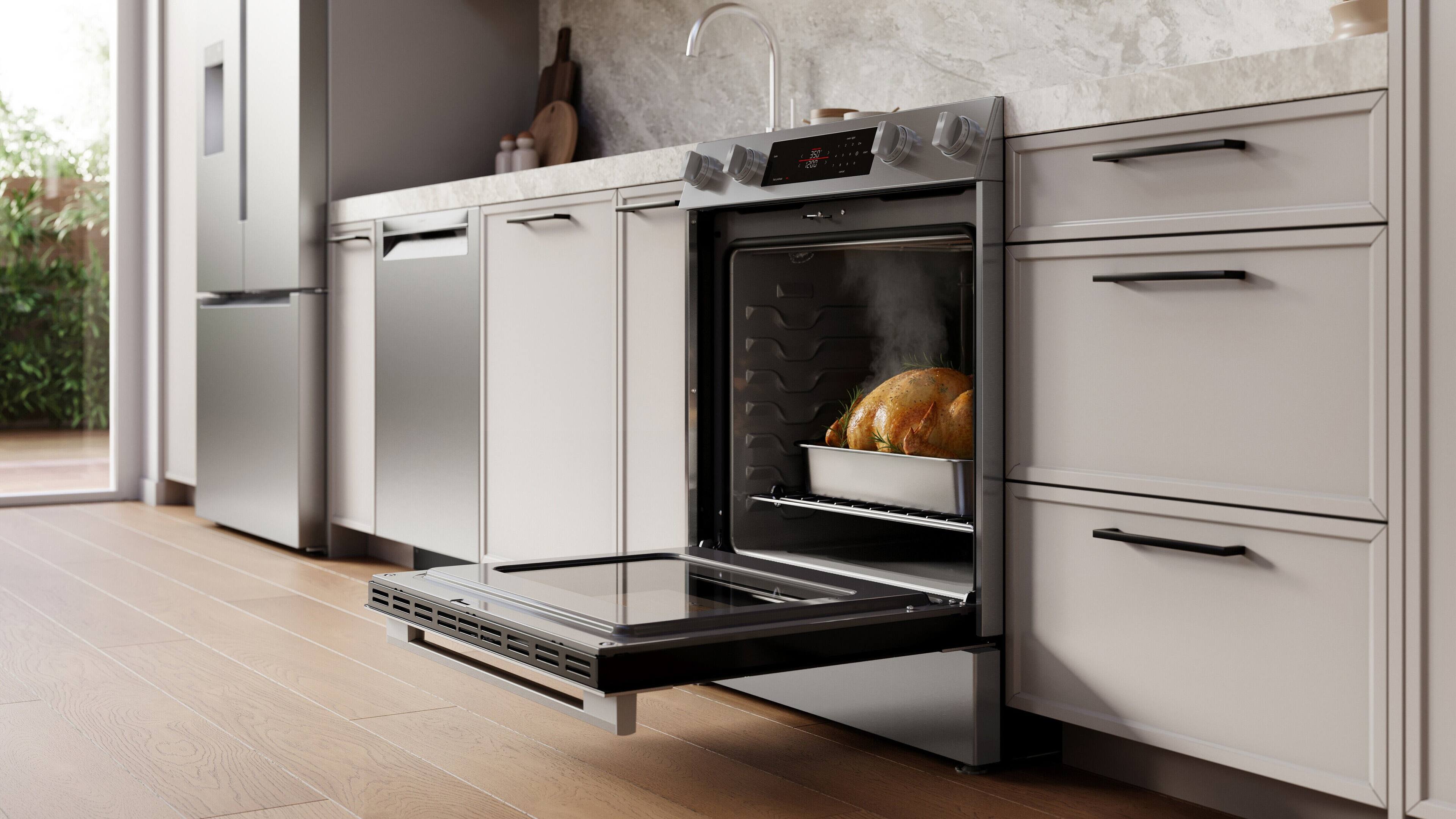 Alt View 8. Bosch - 300 Series 5.8 Cu. Ft. Slide-In Electric Convection Range - Stainless Steel.
