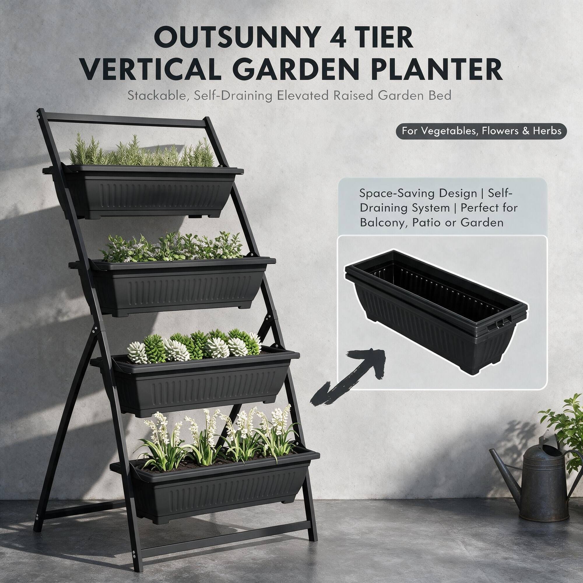 OUTSUNNY 4 TIER VERTICAL GARDEN PLANTER  
Stackable, Self-Draining Elevated Raised Garden Bed  
For Vegetables, Flowers & Herbs  

Space-Saving Design | Self-Draining System | Perfect for Balcony, Patio or Garden
