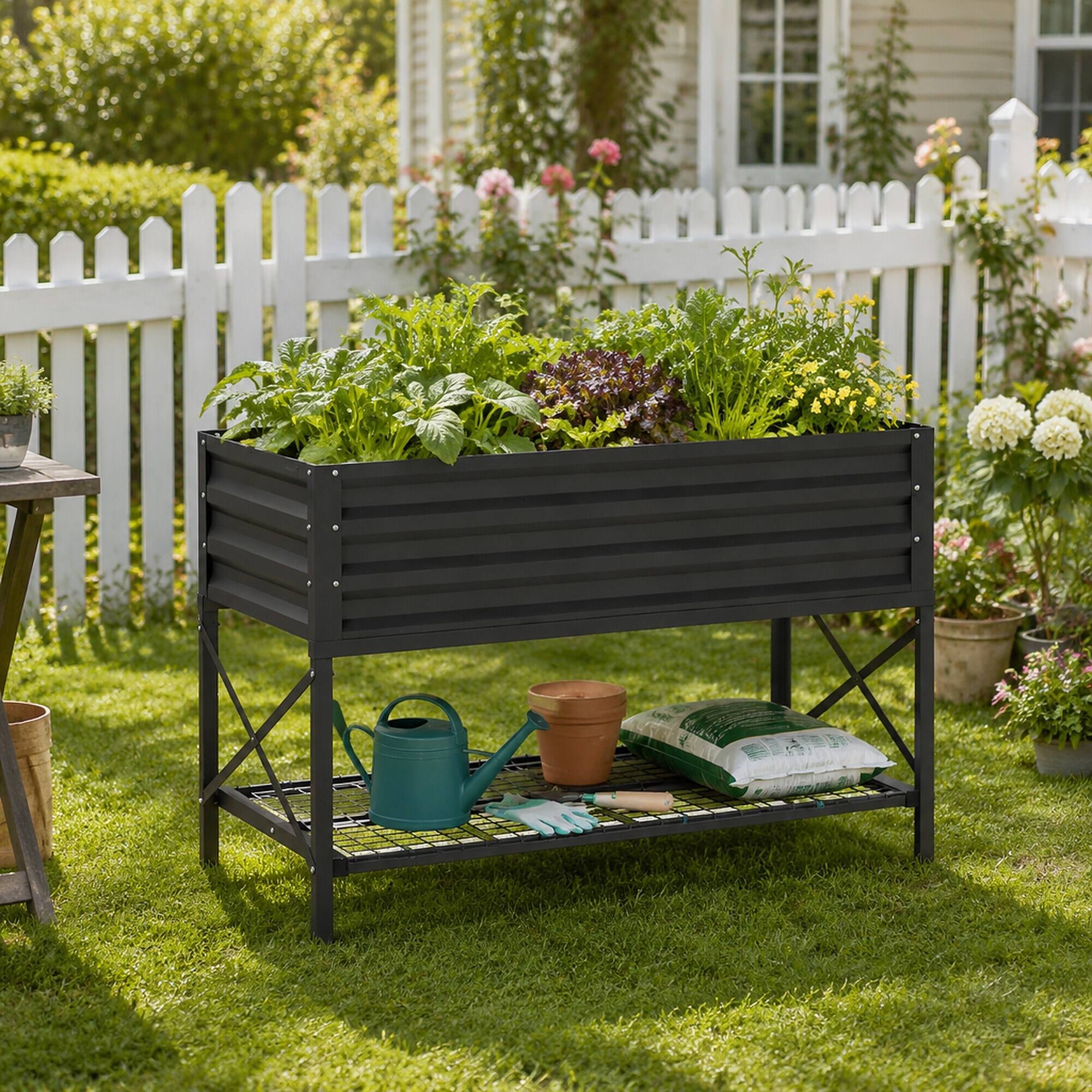 Alt View 1. RYHNUYNE - Galvanized Elevated Garden Bed with Storage Shelf, 41.75 Inch Metal Raised Planter Box with Non-Woven Liner - Dark Gray.