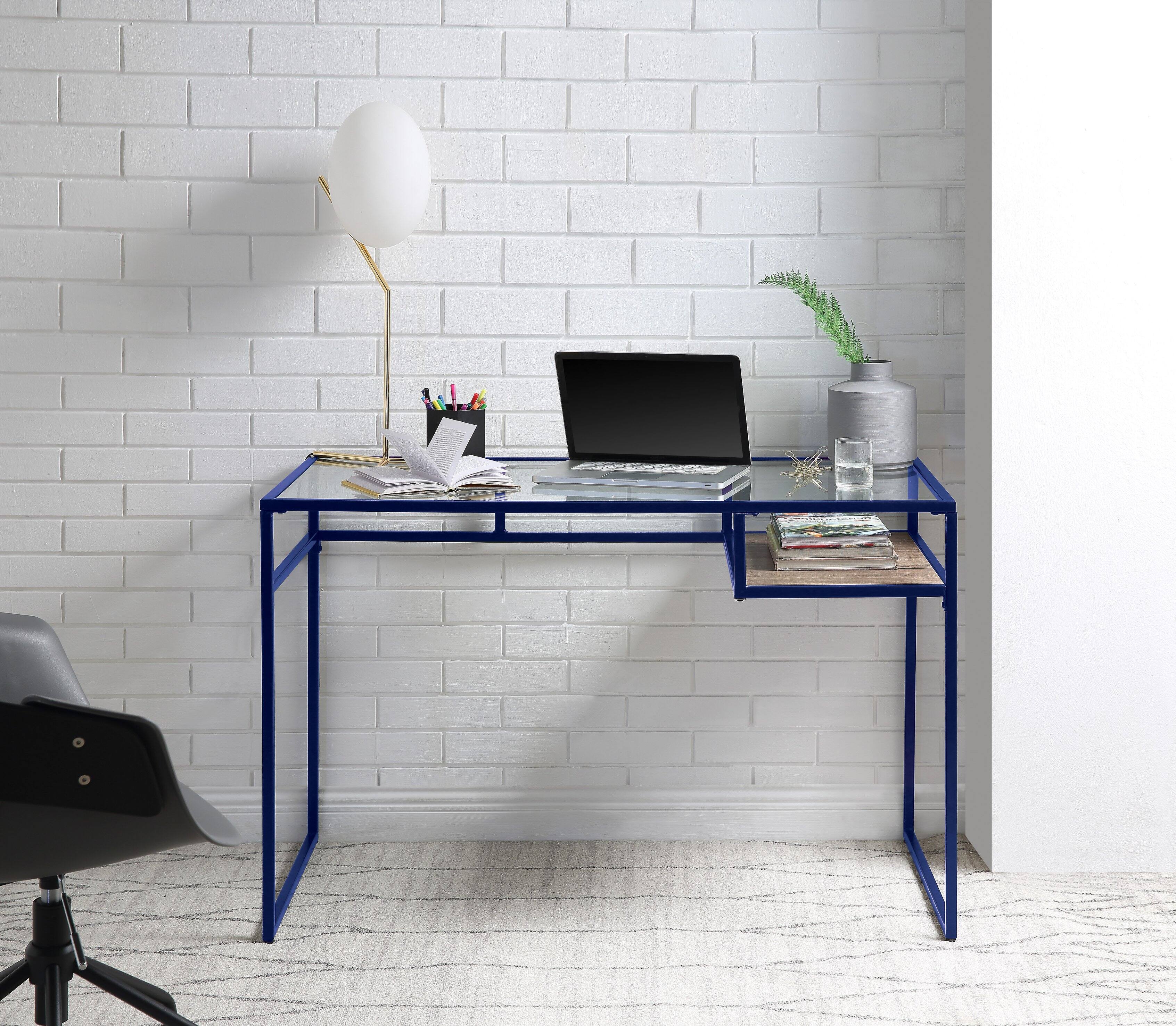 Front. TinyHomie - Yasin Glass Top and Blue Finish Writing Desk - Blue.