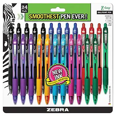24 Pack
SMOOTHTEST PEN EVER!
Z-Grip Ballpoint Pen
Advanced ASST M 10mm MED
ZEDRA
ZEBRA MED
ZEBRA MED
ZEBRA MED
ZEDRA
ZEBRA MEO
ZEDRA
ZEBRA
ZEDRA
ZEBRA 2
ZEDRA
ZEBRA
ZEDRA
ZEBHA
MEOL
ZEBRA
WED
ZEDHA
D
ZEBRA
WED
VMUZ
(a ZEBRA MEO NEW INK NOW BETTER!
POUR FAVORITE IX VIBRANT FEATURING ZEBRA