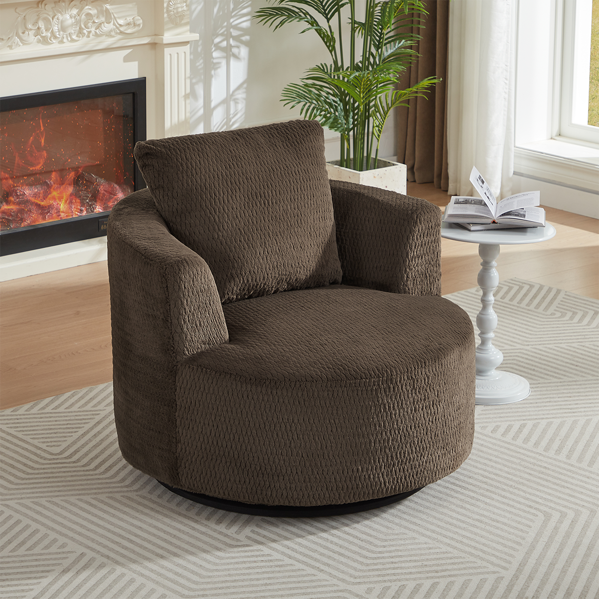 Angle. Trinkets Crazed - Barrel Accent Chair, 360° Swivel Round Upholstered Sofa, Modern Swivel Side Armchair - Brown.