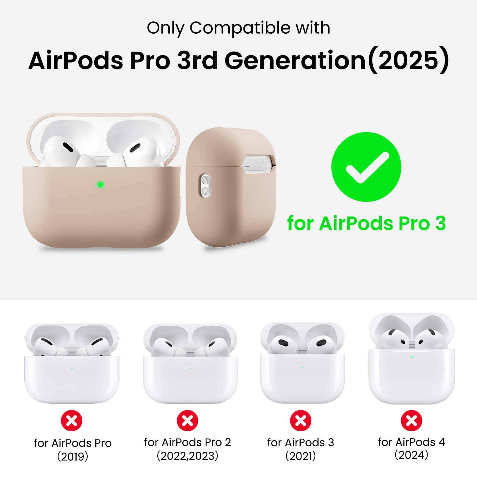 Only Compatible with  
AirPods Pro 3rd Generation (2025)  
for AirPods Pro 3  
for AirPods Pro (2019)  
for AirPods Pro 2 (2022, 2023)  
for AirPods 3 (2021)  
for AirPods 4 (2024)