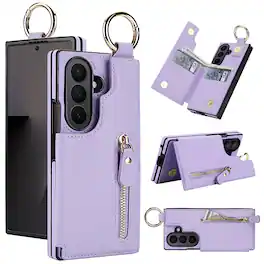 Dteck - Shockproof Wallet Case for Samsung Galaxy Z Fold7 with Ring and Card Slots, Zipper Pocket PU Leather TPU Folio Cover - Purple