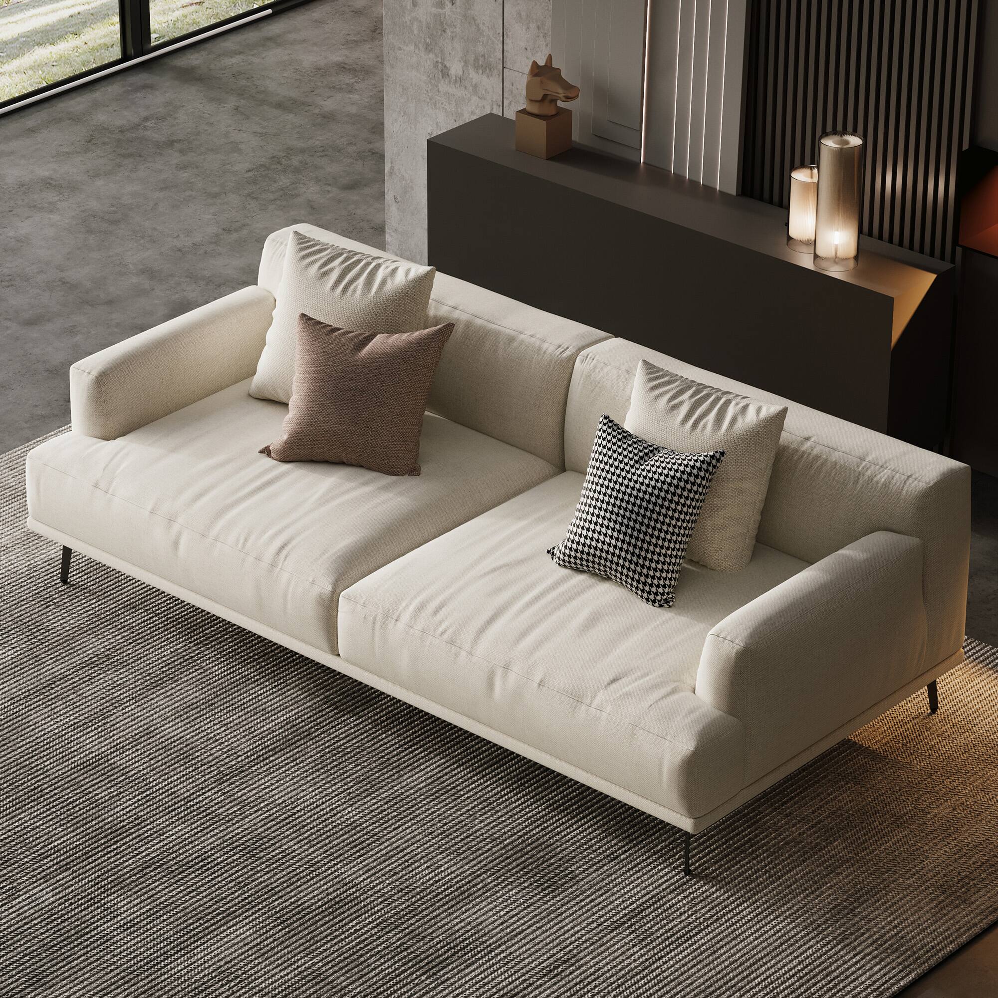 Left. luck idea - 66.1" Breathable Cotton-Linen Fabric Sofa, Solid Wood Frame, High-Elastic Sponge Seat Cushion - Light Beige.