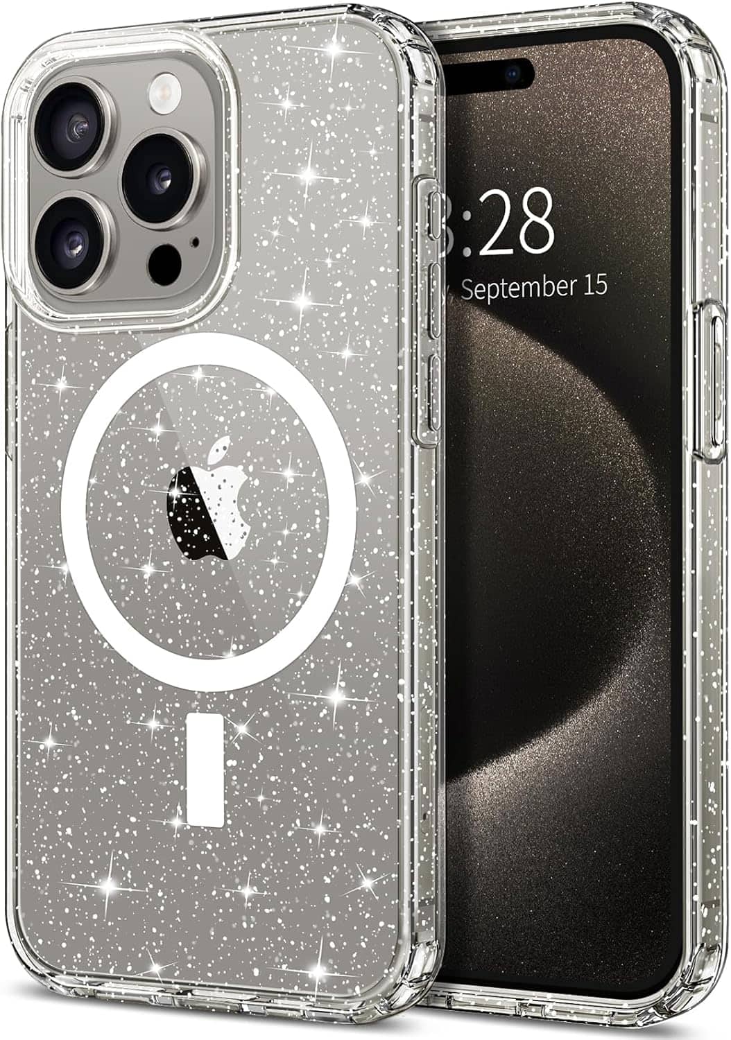 Entronix - [Magnetic] Case Compatible with iPhone 15 Pro - [Hard Back] Glitter - Clear