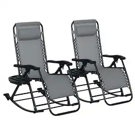 Outsunny - Set of 2 Outdoor Rocking Chairs, Foldable Reclining Zero Gravity Lounge Rocker with Pillow, Cup & Phone Holder - Gray