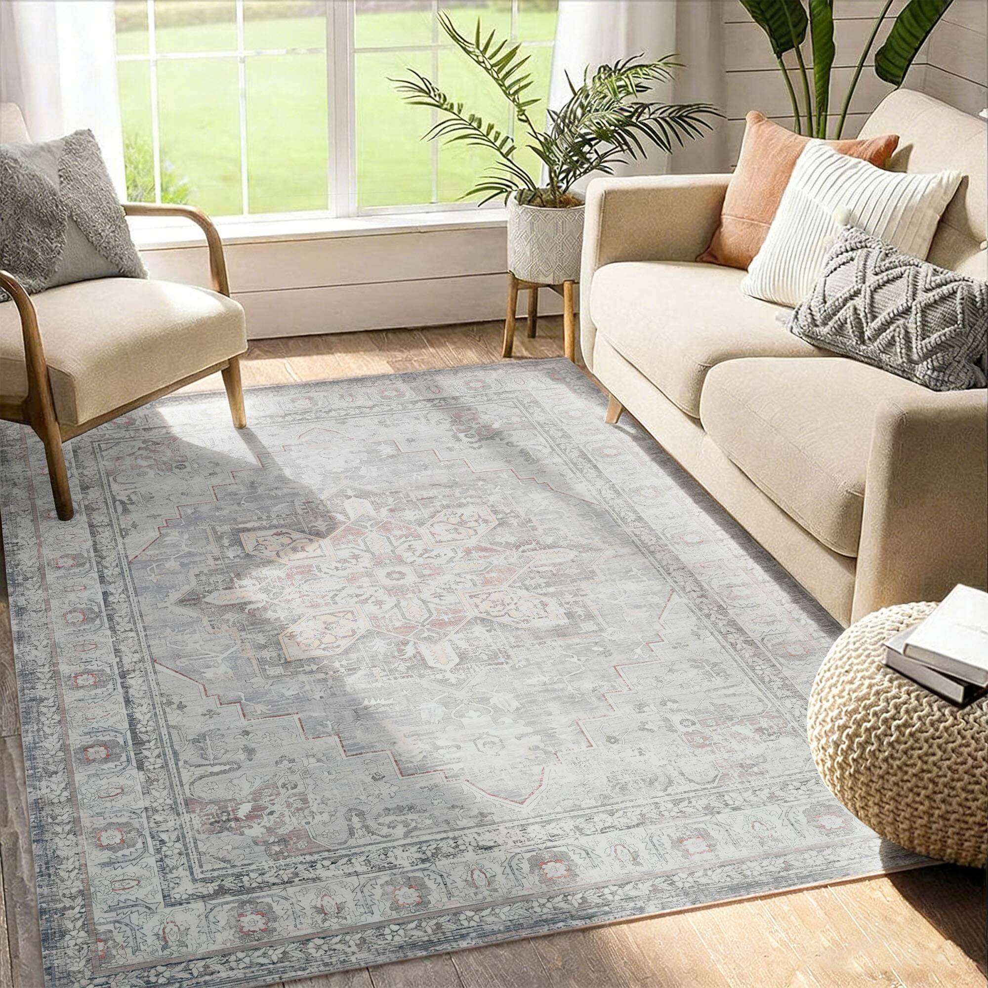 Angle. RYHNUYNE - 5x7 Area Rugs Washable Rug,Modern Abstract Soft Non-Slip Rug Carpet for Bedroom Dining Nursery Home Office(Grayish Pink） - gray-pink.