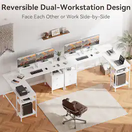 Furnulem - 66 Inch LShaped Computer Desk with Dual Monitor Stands Power Outlet Cabinet Drawers Metal Base Gaming Writing Desk - White