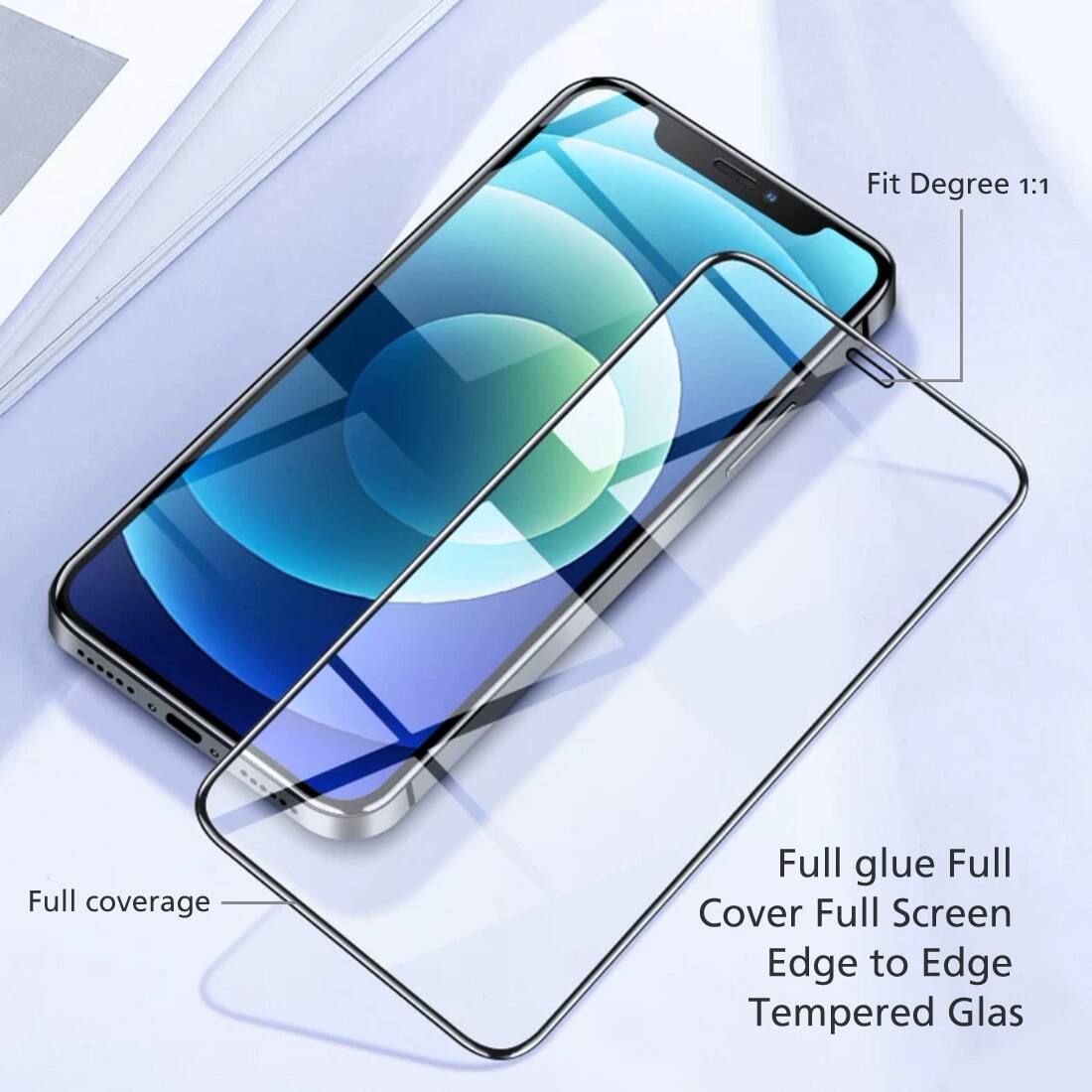 Fit Degree 1:1, Full coverage, Full glue, Full Cover, Full Screen, Edge to Edge, Tempered Glass