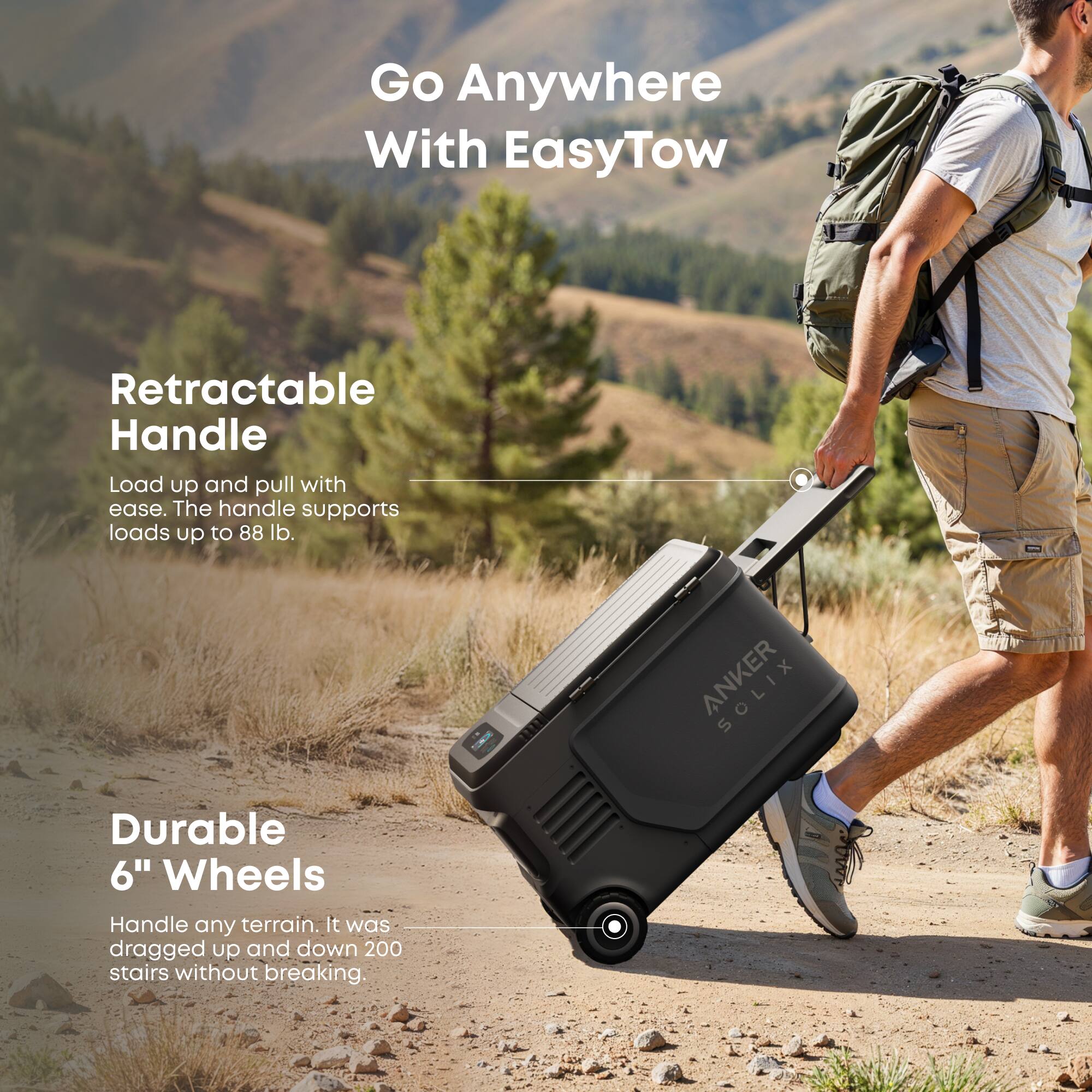 Go Anywhere With EasyTow

Retractable Handle
Load up and pull with ease. The handle supports loads up to 88 lb.

Durable 6" Wheels
Handle any terrain. It was dragged up and down 200 stairs without breaking.