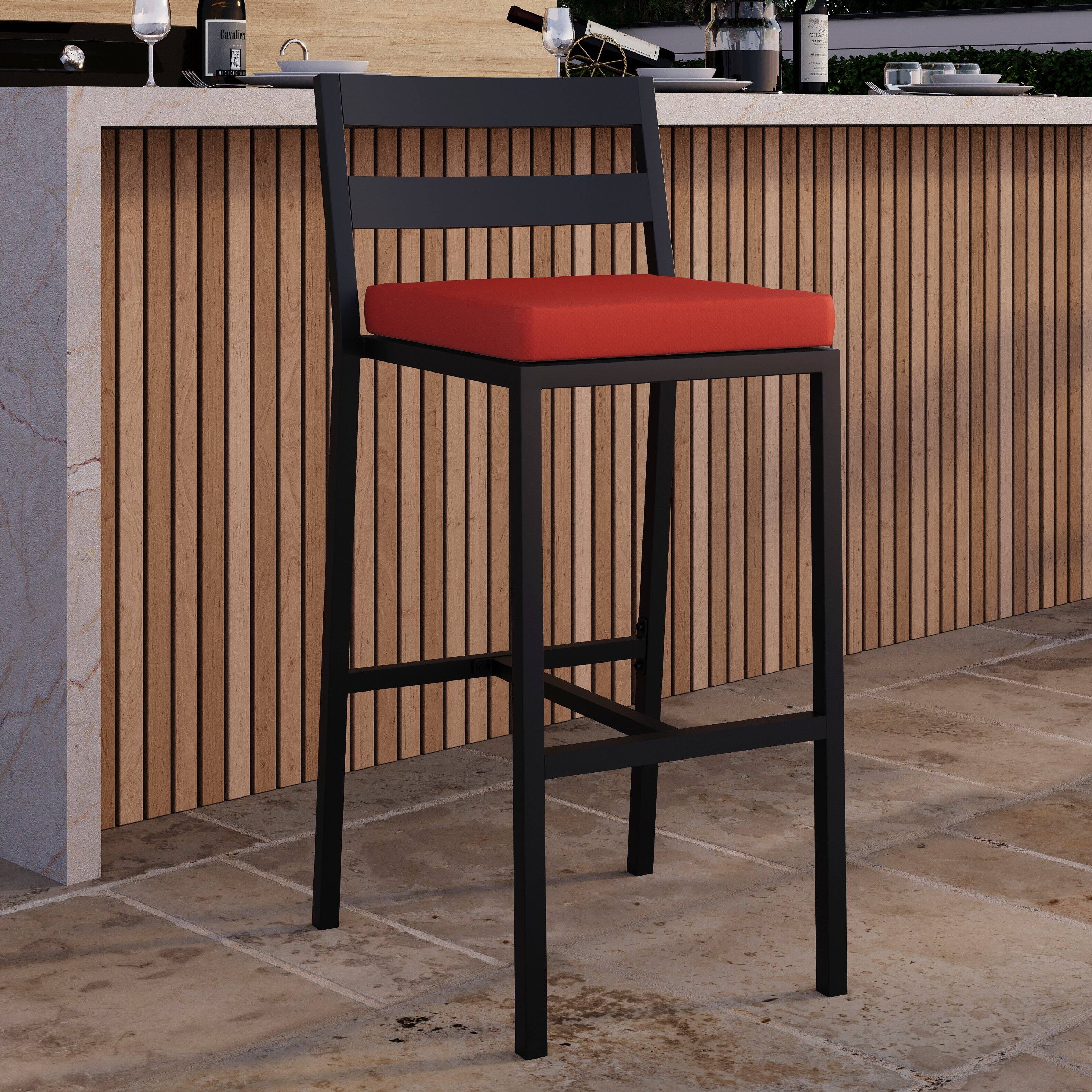 Left. LeisureMod - Chelsea 2-PCS Modern Outdoor Barstool, Powder-Coated Aluminum Patio Stool with Cushion - Cherry.