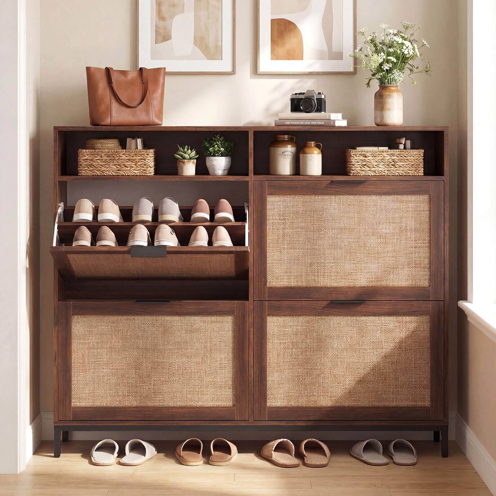Alt View 3. Costway - Costway Shoe Storage Cabinet with 4 Flip Drawers, Adjustable Shelves, Open Compartments - Brown.