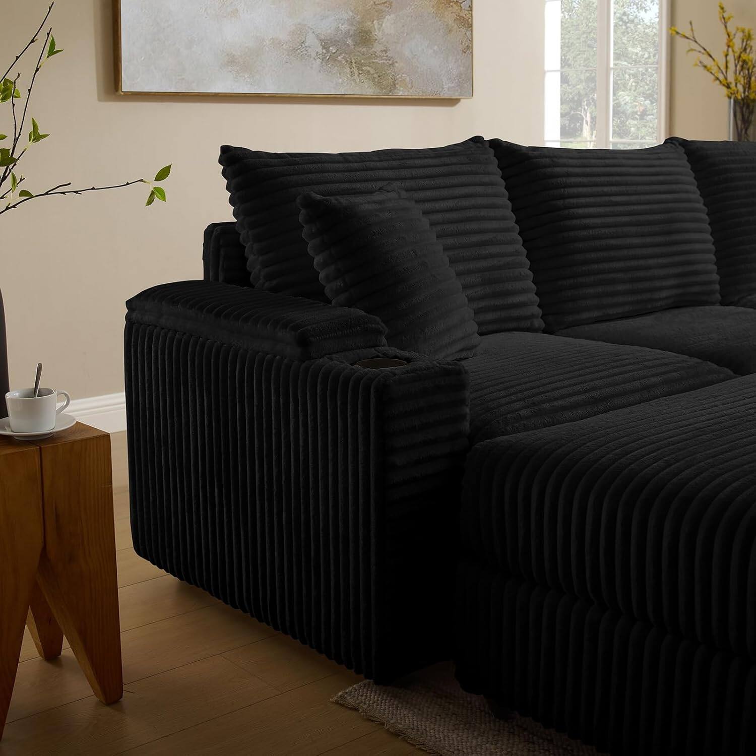 Angle. Yardgrace - 104 Inch L Shaped Modular Sectional Sofa Green Corduroy with Ottoman Charger Cup Holders Armrest Storage - Black.