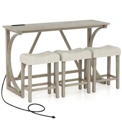 Front. Gymax - Gymax 4-Piece Bar Table Set w/ Power Outlet Counter Height Bistro Table and Stools - Grey, Beige.