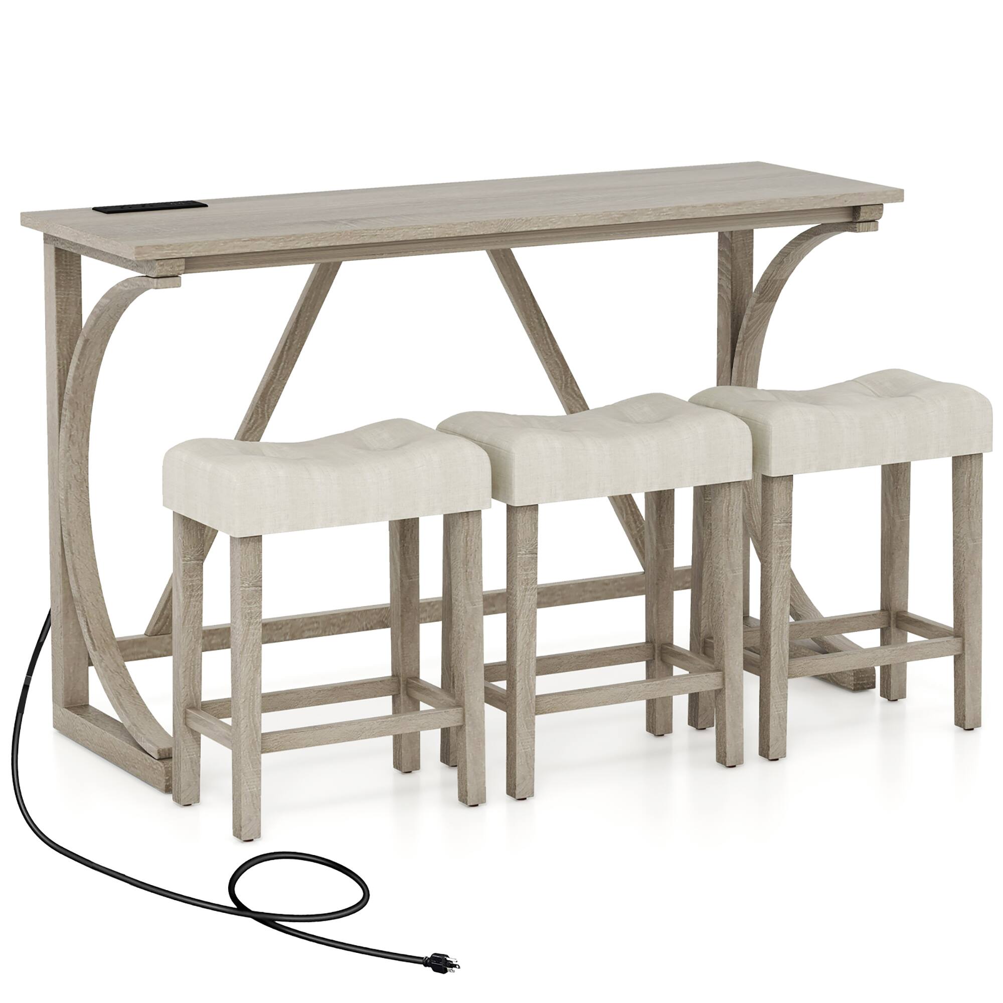 Gymax - 4-Piece Bar Table Set w/ Power Outlet Counter Height Bistro Table and Stools - Grey, Beige