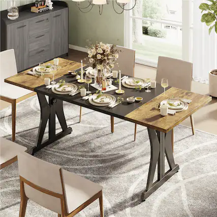 Front. Bestier - 70" Farmhouse Dining Table, Fits 6-8, Multi-Color for Retro/Modern, Kitchen, Party Desk - Brown.