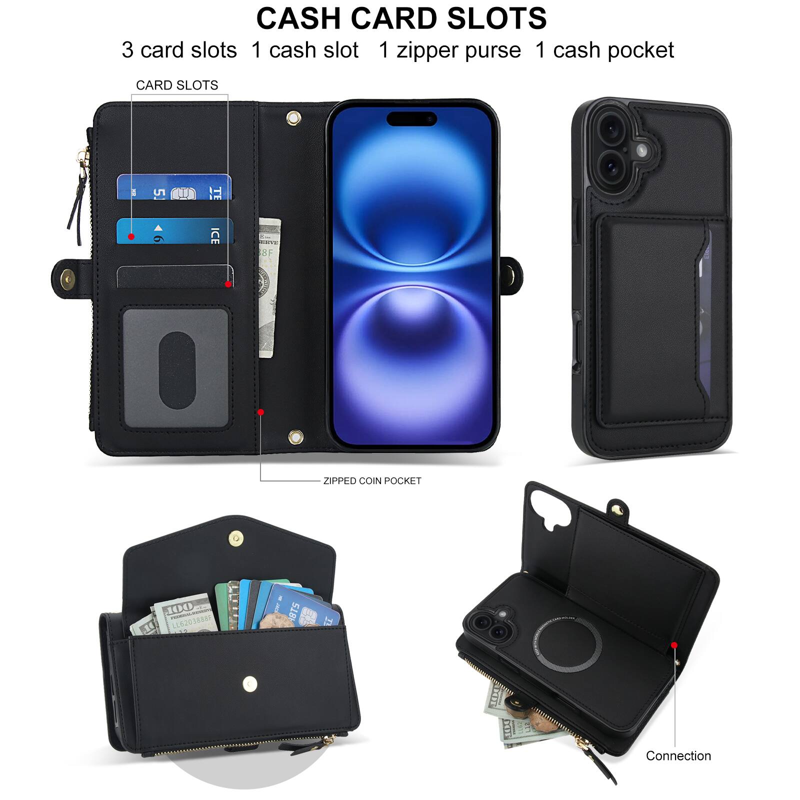 CASH CARD SLOTS  
3 card slots  
1 cash slot  
1 zipper purse  
1 cash pocket  

CARD SLOTS  
5 HSNE 8F  

ZIPPED COIN POCKET  
100 - LL62038887 - WIY F HSTS b HIE 101  

Connection