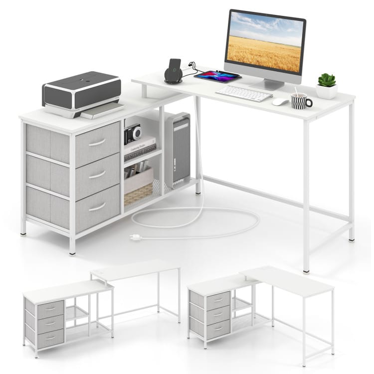 SlickBlue - L-Shaped Gaming and Workstation Desk with Power Outlet for Study or Office - White