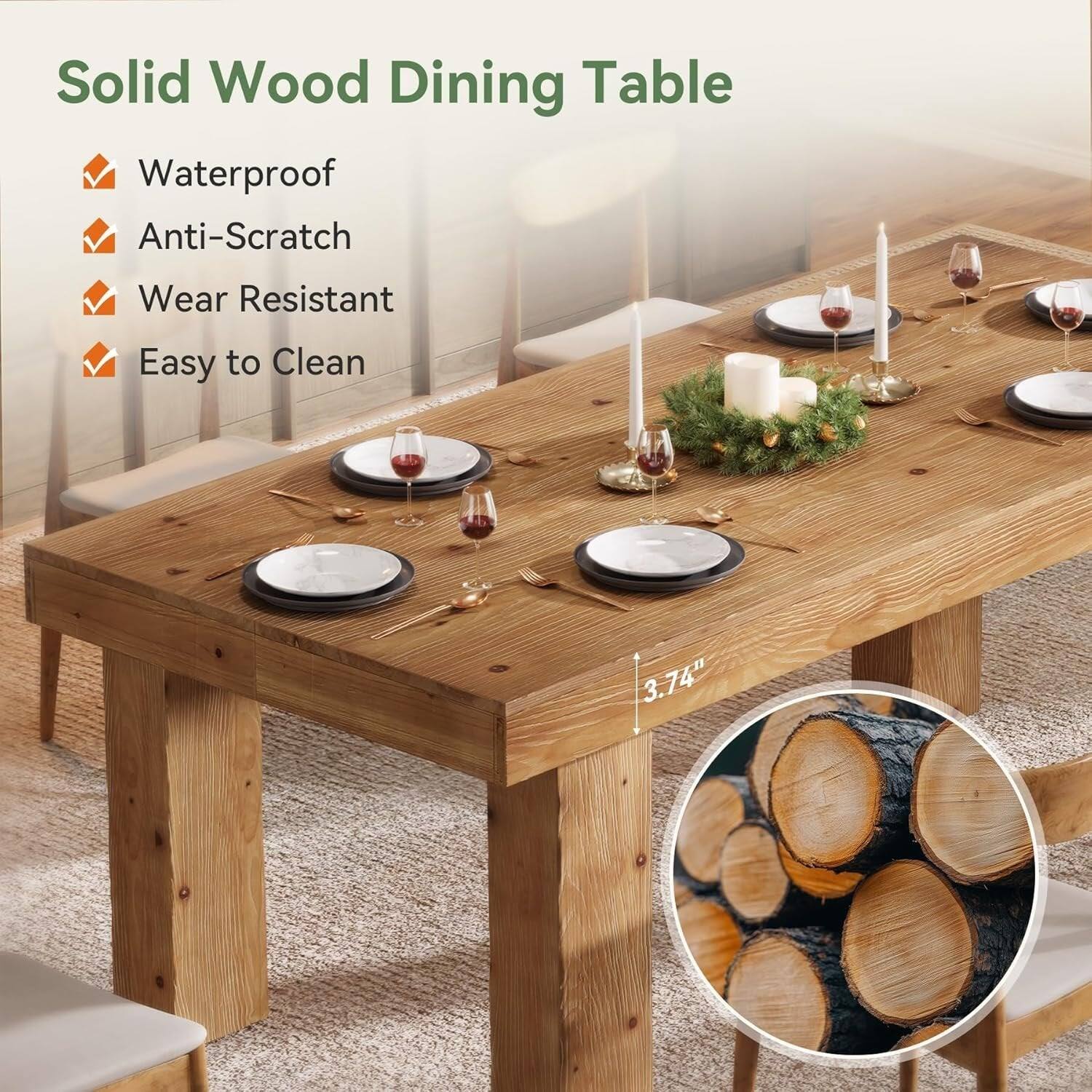 Tribesigns Farmhouse Solid Wood Dining Table with Wood Grain Finish and ...
