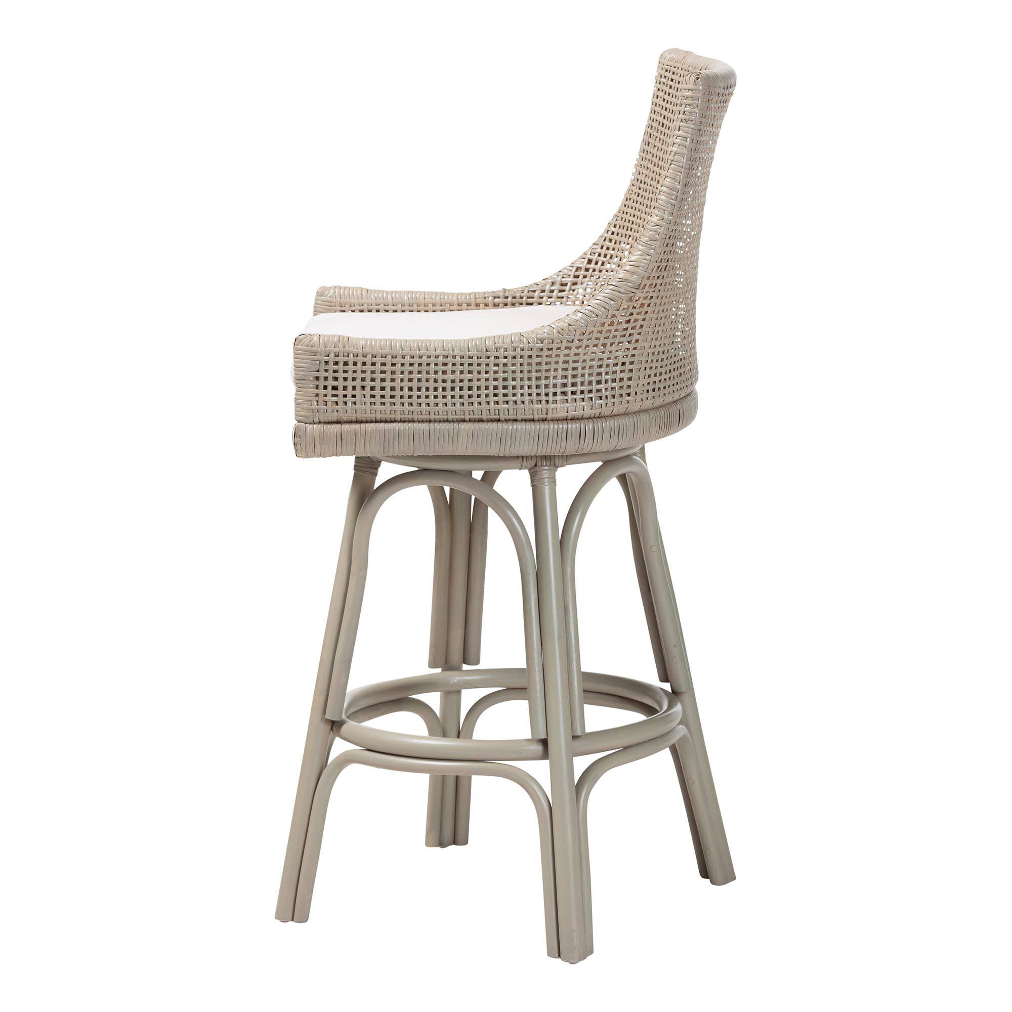 Angle. bali & pari - Bella Swivel Rattan Bar Stool with Cushion - Handwoven Wicker Bar Chair with Backrest and Footrest - French Grey.