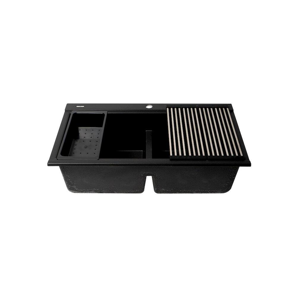 Back. Alfi - Black 33" Granite Composite Workstation Step Rim Double Bowl Drop In Sink - Black.
